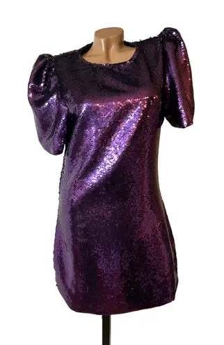 Purple Sequin Party Dress L Puff Sleeve Holiday Cocktail Glam Sparkle Mini Size M