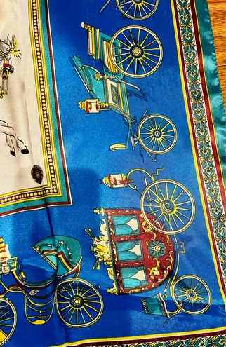 VINTAGE EQUESTRIAN horse&carriage ROYAL BLUE silky SCARF 35’/35’ inches