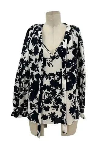 Marie Oliver White Navy Blue Floral Print Long Sleeve Silk Blouse Size Large