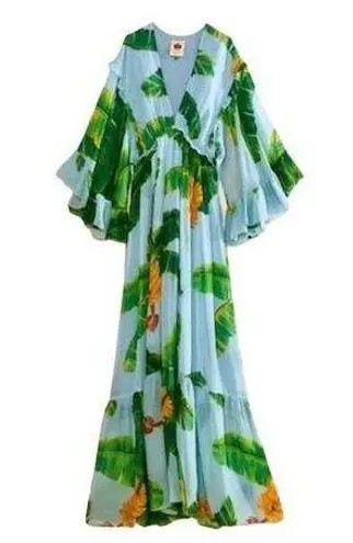 Farm Rio  Women's Blue Fresh Banana Print Maxi Dress Long Sleeve V-Neck