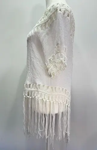 Boho Hippie White Gauzy Cotton & Crochet Lace with Fringe Top Size Medium