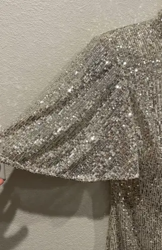 Eliza J Sequined Flutter-Sleeve Mock Neck Cocktail Dress