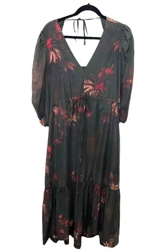 ALLSAINTS Rosi Nila Dark Khaki Green Tiered V-neck Midi Dress Sz 0