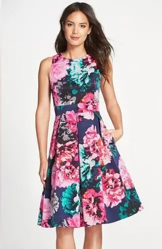 Eliza J Floral Print Faille Fit & Flare Dress Back Cut Out Flare Skirt Petite
