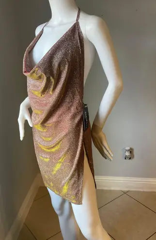 SheIn Sexy Draped Backless Split Hem Metallic Halter Dress size Large  New with tags  Slit on the sides  Stretchy  Measurements are provided in pictures