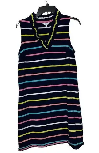 Crown & Ivy  Ruffle V-Neck Navy Striped Sleeveless Dress Casual Career Job Medium