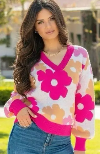 SOUTHERN GRACE Dazed For Days Floral V Neck Sweater in Pink Beige Small 4/6