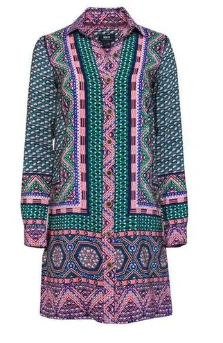 Anthropologie  Maeve Casablanca Silk Button up long sleeve printed shirt dress