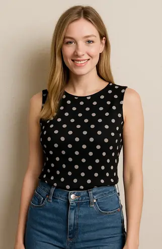 Vintage Y2K Women's Black off White Polka Dot Sleeveless Top • modest • business Size L