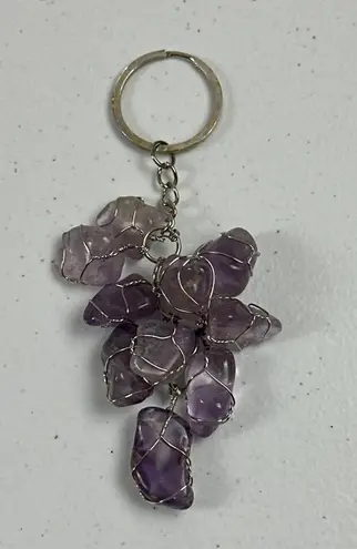 Amethyst Crystal Cluster Keychain With Wire Wrap Detailing & Silver