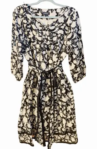 Italian Floral Midi Dress/BLK WHT, Cotton, Puffed 3/4 Sleeve, Waist Tie, Boho L Black Size L
