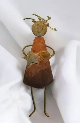 Vintage Copper Brooch With Unique Heart and Star Patterns Orange