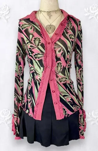 Bisou Bisou Early 2000's Pink Brown Floral Frilly Lace Button Up Blouse M