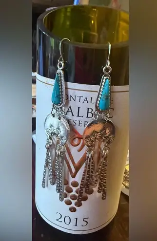 Boho Turquoise Drop Earrings – Silver Hammered Fringe Statement Jewelry
