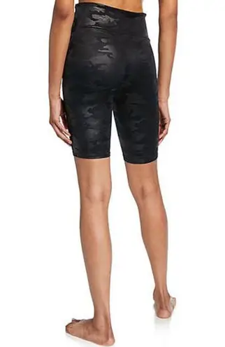 Spanx Faux Leather Shorts Black Camo Shiny High-Rise Moto Edgy Bike Bermuda Long