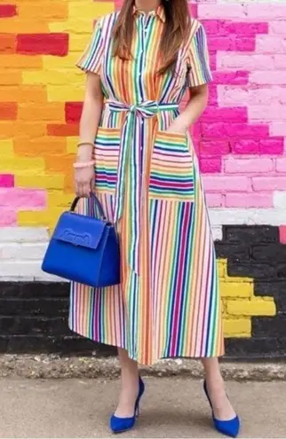 Christopher John Rogers x Target Rainbow Stripe Belted Shirt Dress Size 2 Cotton Red