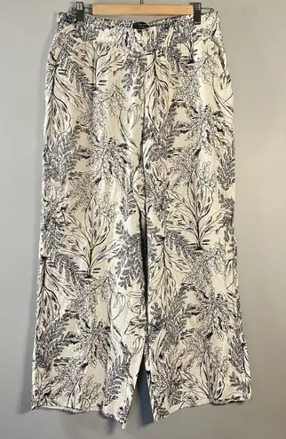 Tahari Women's 100% Linen Pant Wide Leg Black White Tropical Leaves Size L