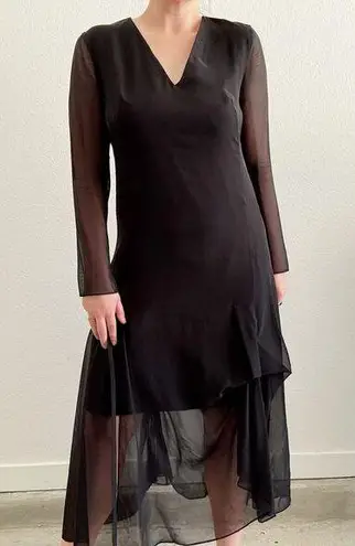 Akris 100% Mulberry Silk Sheer Long Sleeve Layered Midi Dress Black Size 10