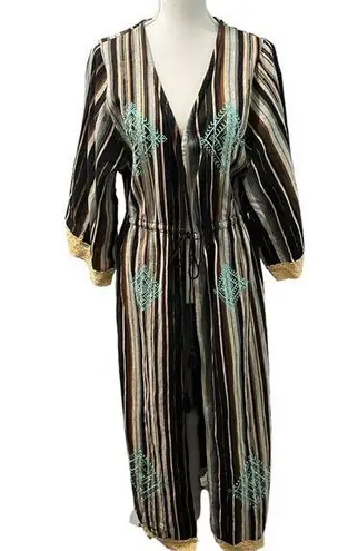 Angel + Premium Aztec Bohemian Embroidered Multicolor Lace Trim Duster Jacket S Black