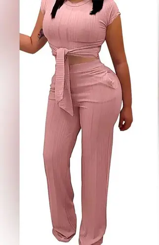 Woman's 2 Piece Outfit Pink Sexy Tie Front Crop Top Wide Leg Pants Set. Size L