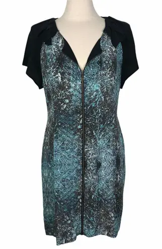 NEW Vena Cava Black Teal Printed Short Sleeve 100% Silk Sheath Dress Womens 10
