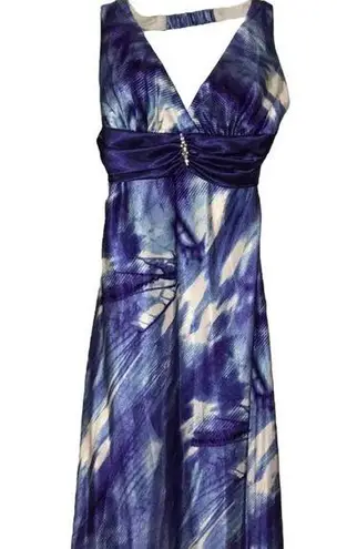 Taboo BLUE MULTI PATTERN EMBELLISHED WAIST MAXI DRESS 9/10