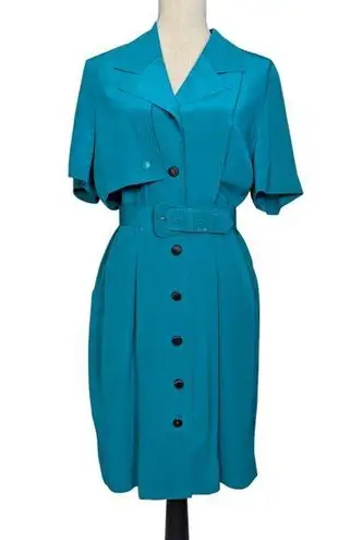 Liz Wear 90s Vintage Silk Short Sleeve Shirt Dress Green