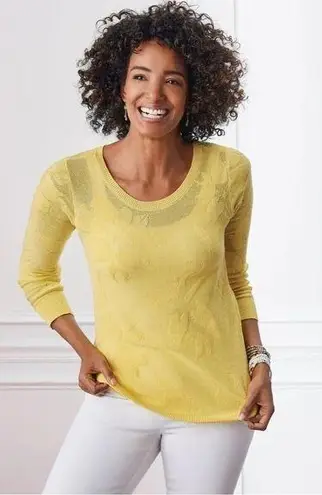 Soft Surroundings Yellow Garden Wall Pointelle Jacquard Sweater Size XS 2-4 NEW