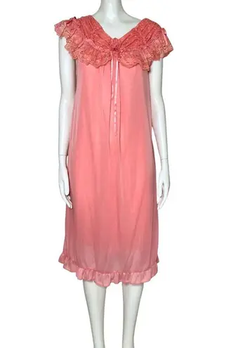 Handmade Vintage 60s Coral Peignoir Nightgown Coquette Lace Midi Slip S/M Retro Pink