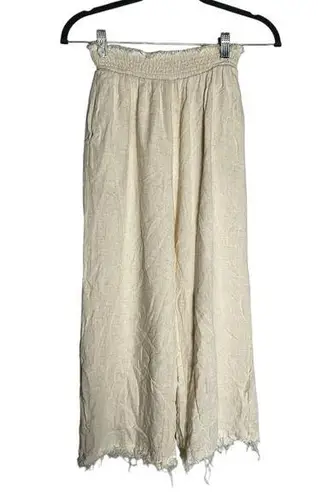 Solai the Label Cream Linen Rayon Raw Hem Elastic Waist Wide Leg Flowy Pants S