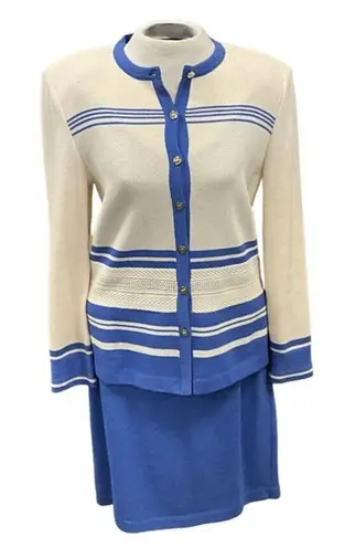 St. John 3 Piece Blue White Knit Suit Gold Button Jacket Size 8 Skirt Size 14