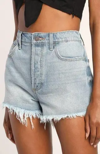 Cello  Rip Tide Light Wash High Rise Frayed Hem Denim Shortie Shorts NEW