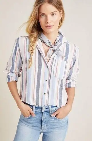Anthropologie Maeve Womens Medium Chatham Striped Button Down Long Sleeve Pocket Blue