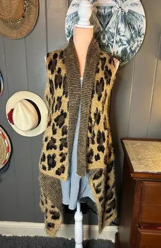 Leopard Print Open Sleeveless Cardigan Small Tan