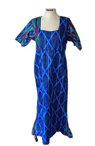 African Blue Patchwork Geometric Pattern Hand Made Square Neck Maxi Dress Size L