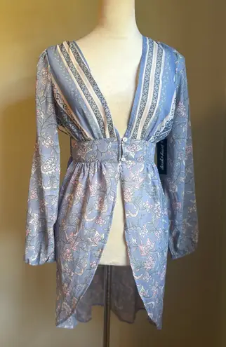Derek Heart ‎ Blue pink Floral Sheer Tunic boho cottage core romantic medium thumbnail 1