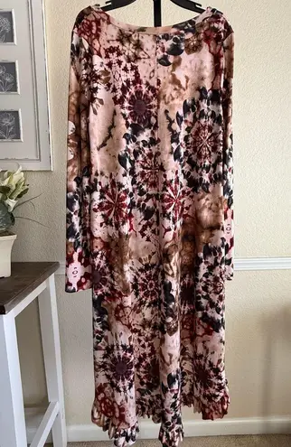 Boho High Low Hem Maxi Dress Large Long Sleeve Flowy Retro Oversized Casual Red