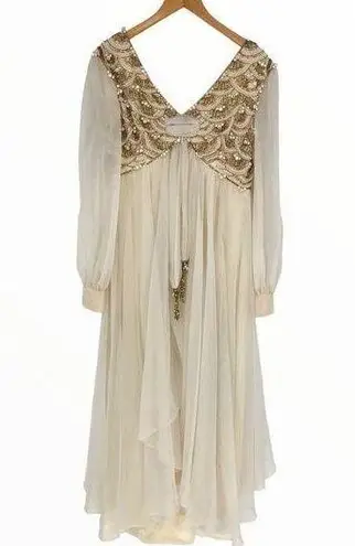 70’s Cream Beaded Sheer Layers Maxi Dress Wedding Gown Long Sleeve Pearls Sequin Size M