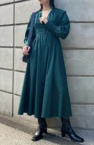 MOUSSY Green Power Shoulder Cotton Button Front Maxi Dress (1)