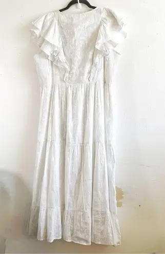 Roller Rabbit Dress Silvery White Lurex Ondine Dress in Sz L NWT Midi V Neck