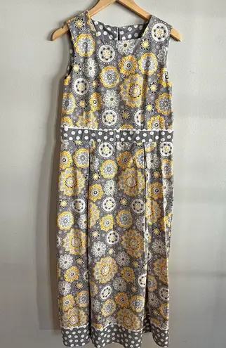 Handmade Gray Yellow Floral Polka Dot Midi Dress Mod Retro Style M