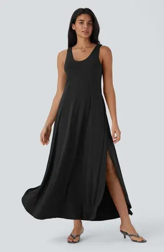 Halara U Neck Backless Split Flowy Maxi Casual Tank Stretch Dress Black M