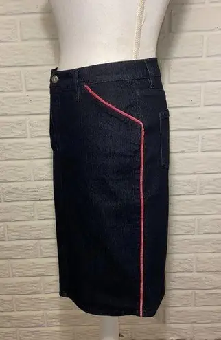 See By Chloe Dark Wash Denim Knee-Length Pencil Skirt with Hot Pink Piping, 8