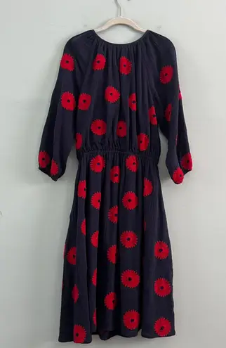 Met St. Barth Mer St. Barth Solange Navy Blue Floral Embroidery Popover Midi Dress