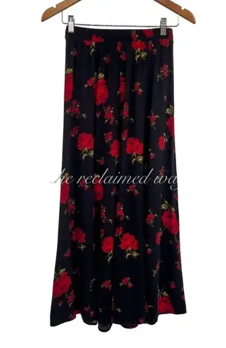 Vintage Floral Rose Print Pattern Maxi Midi Skirt Button Up Front Black Red