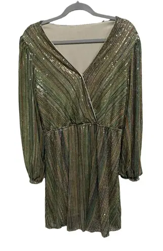 Sequin Cross Over Front Dress Green Striped Snap Closure Medium Holiday Party