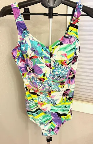 VTG Rose Marie Reid Swim Floral One Piece Shirred Pinup Retro Swimsuit Modest 14 Purple