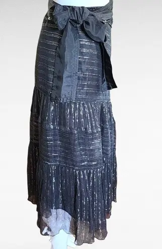 WD•NY WD.NY Black Metallic Diagonal Stripe Assymetric Hem Silk Midi Skirt Size 6