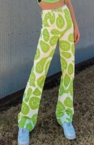 Bailey Rose S 26x32 Smiley Face Happy Lime Green Wide Leg Jeans Size 26