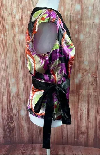 BCBG Max Azria Y2K Satin Kimono Japanese Swirl Wrap Blouse